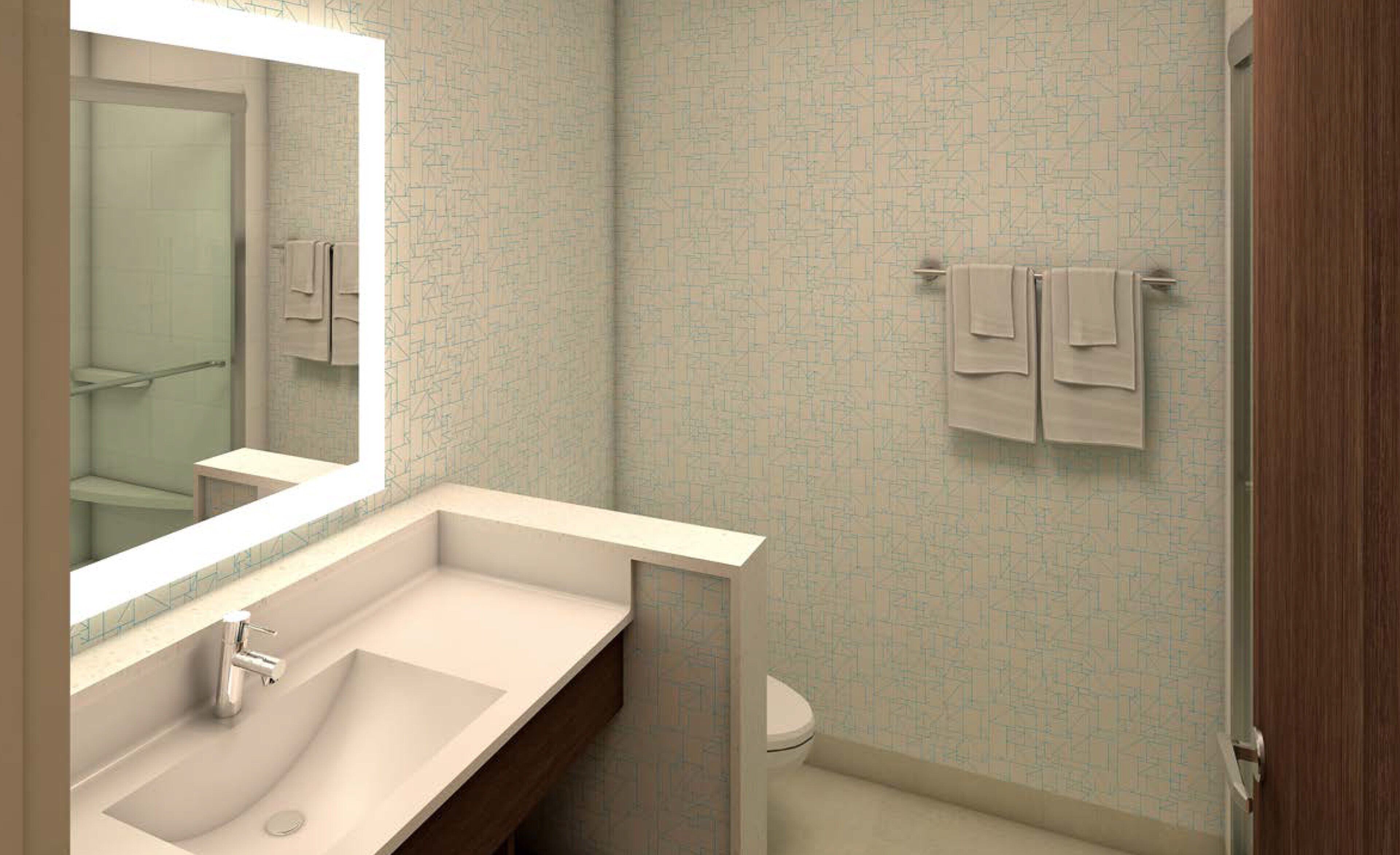 Ein Badezimmer mit Waschbecken, Spiegel, Handtuchhalter und Toilette.