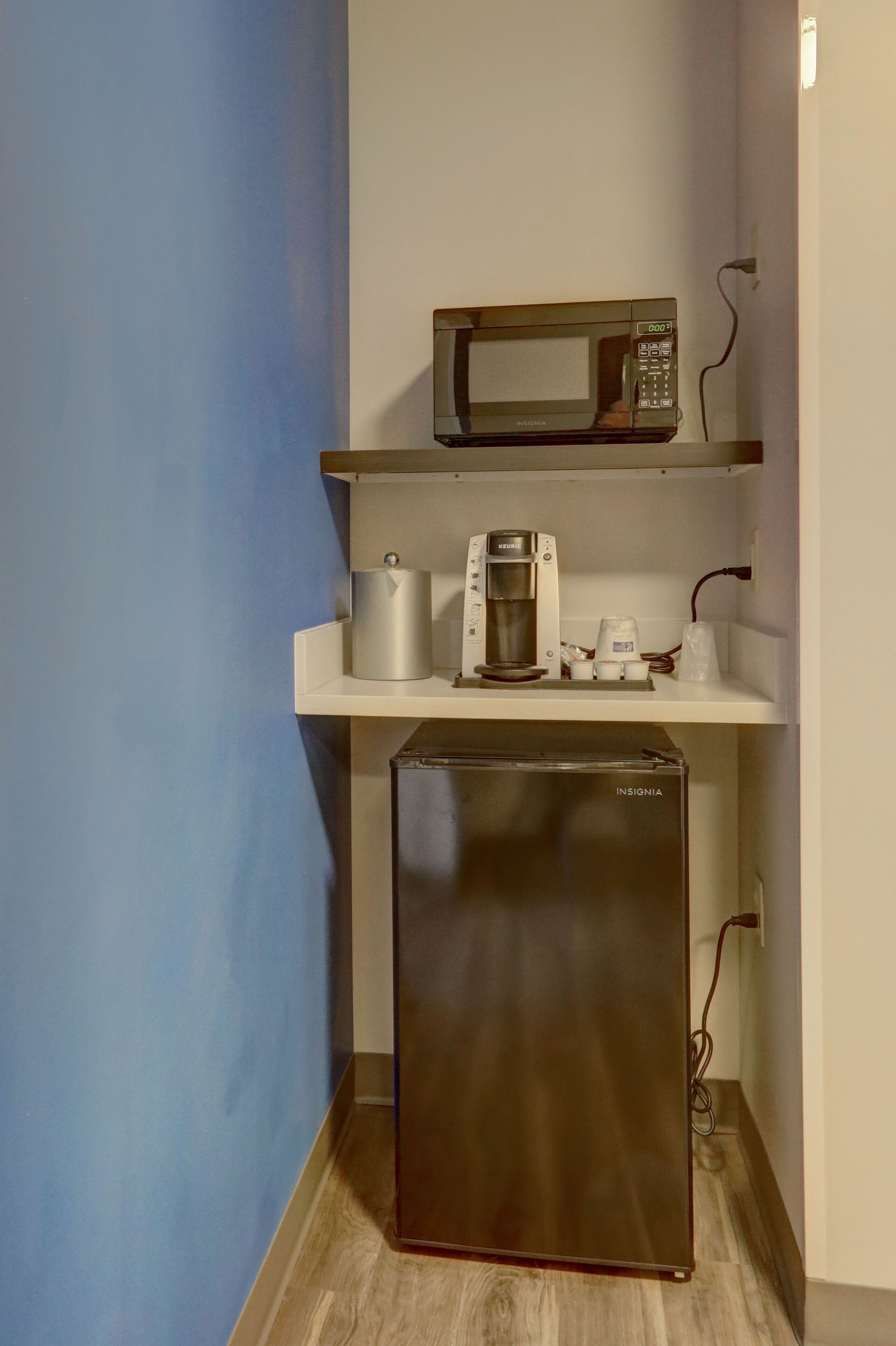 premium bedding, desk, laptop workspace, blackout curtains