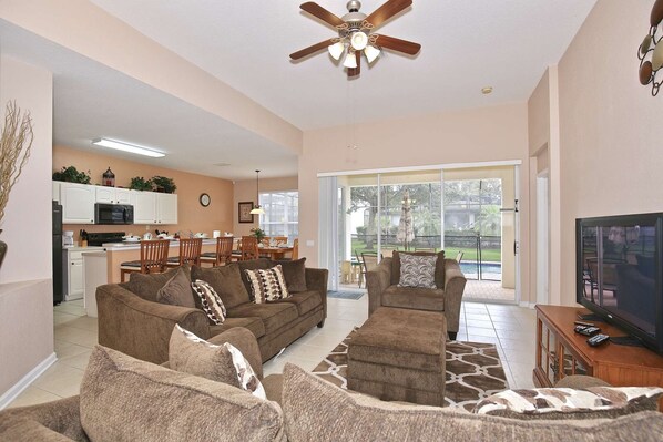 TV, DVD player, foosball, table tennis