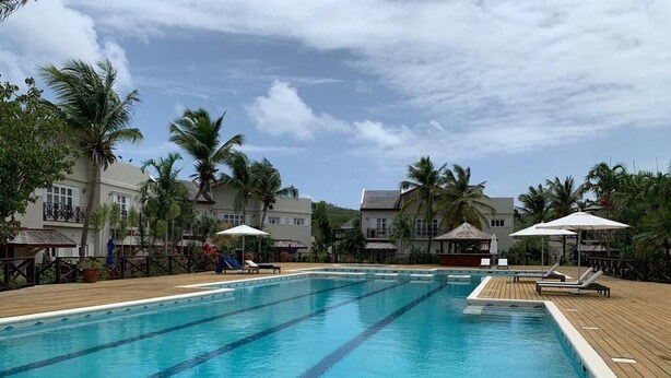 Una piscina con muelle de madera, sillas de descanso, sombrillas y palmeras.