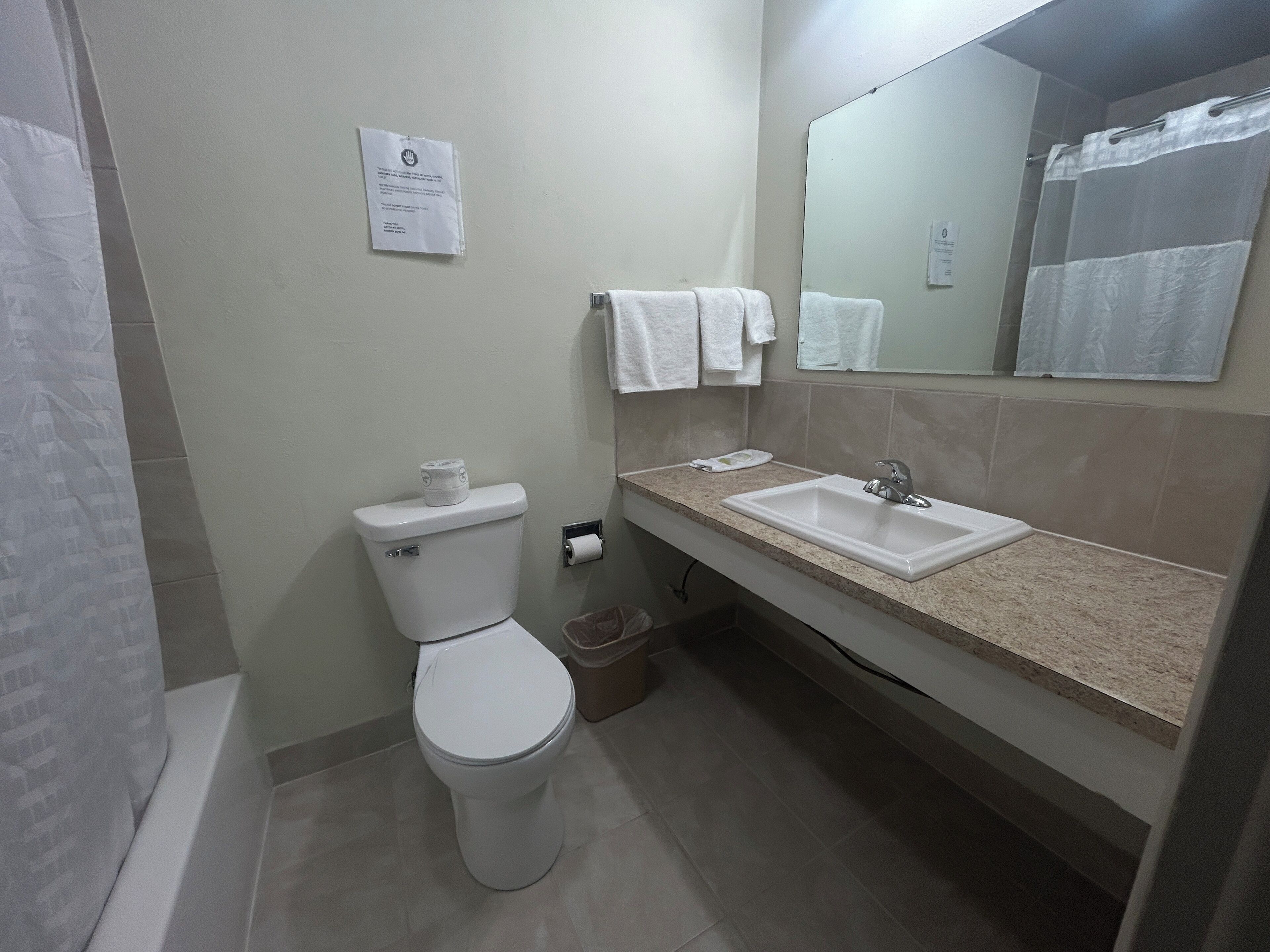A bathroom with a toilet, sink, and mirror. There are towels hanging on the wall and a trash can next to the sink.