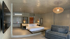 A modern bedroom with a bed, a sofa, and a hanging light fixture.