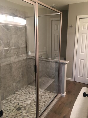 Combined shower/tub, hair dryer, towels