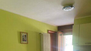 Ein Essbereich mit Tisch und Stühlen, einem Heizkörper, einem gerahmten Bild an der Wand und einer Waschmaschine in der angrenzenden Küche.