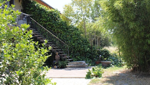 Un giardino con una scala in pietra che conduce a un edificio, immerso nel verde e alberi.