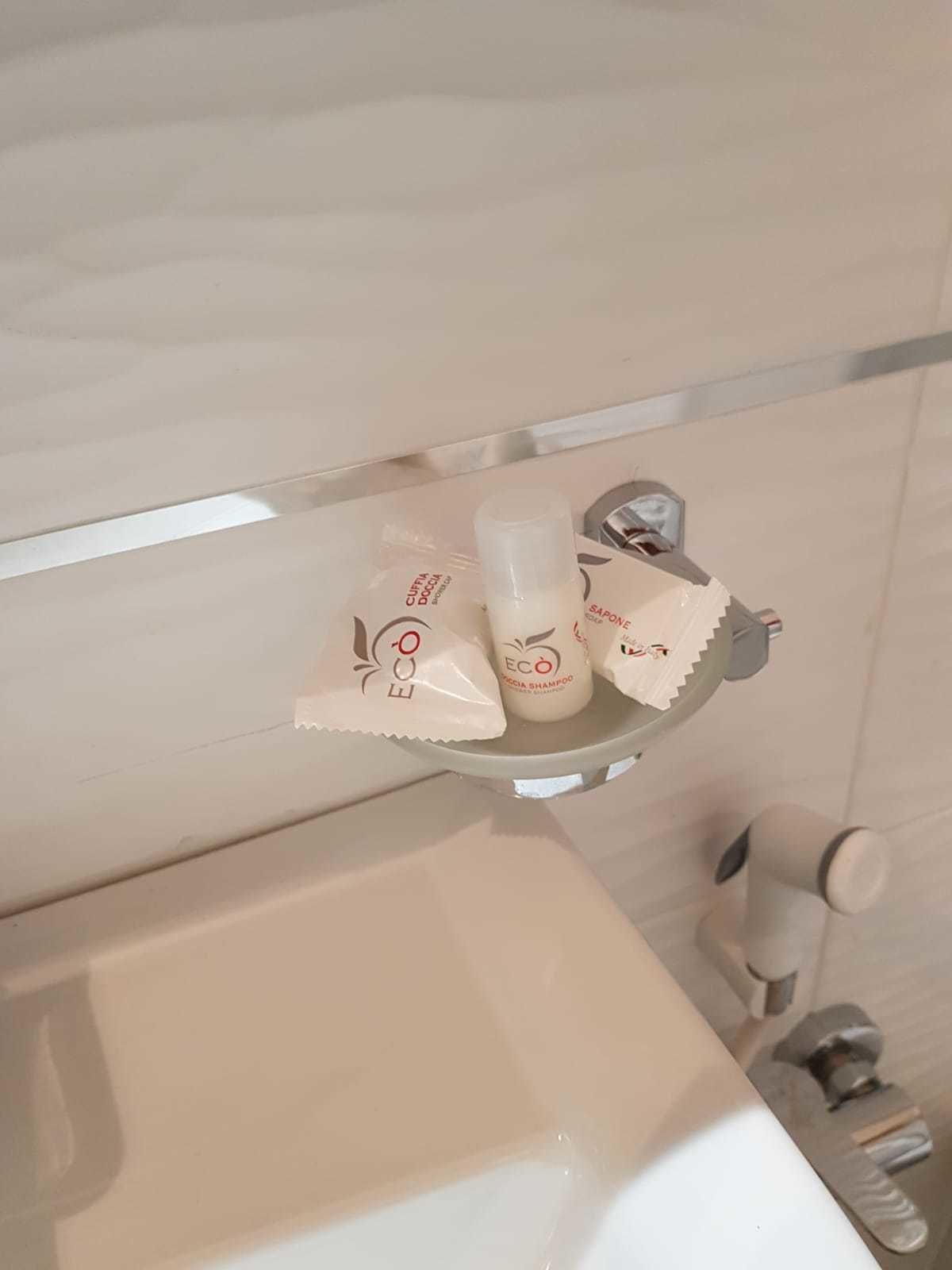 A bathroom with a white sink, a mirror, and toiletries on a shelf including a bottle of shampoo and a bar of soap.