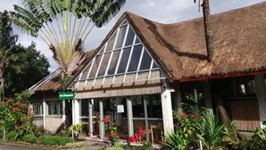 A building with a thatched roof and large windows, surrounded by lush greenery and red flowers.