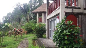 A rustic building with a thatched roof, a red door, and a stone pathway leading to a small water feature.