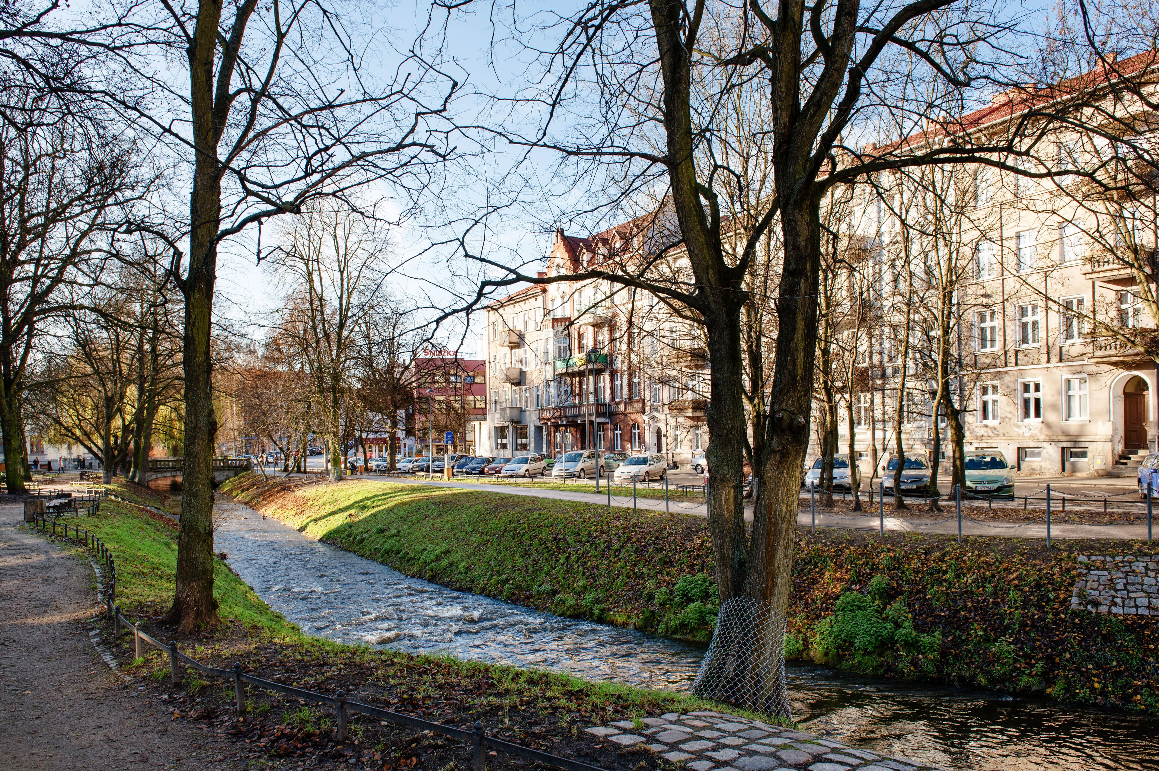 Une promenade au bord de la rivière, avec un sentier en pierre, des arbres et, au fond, un bâtiment doté de nombreuses fenêtres et de balcons.
