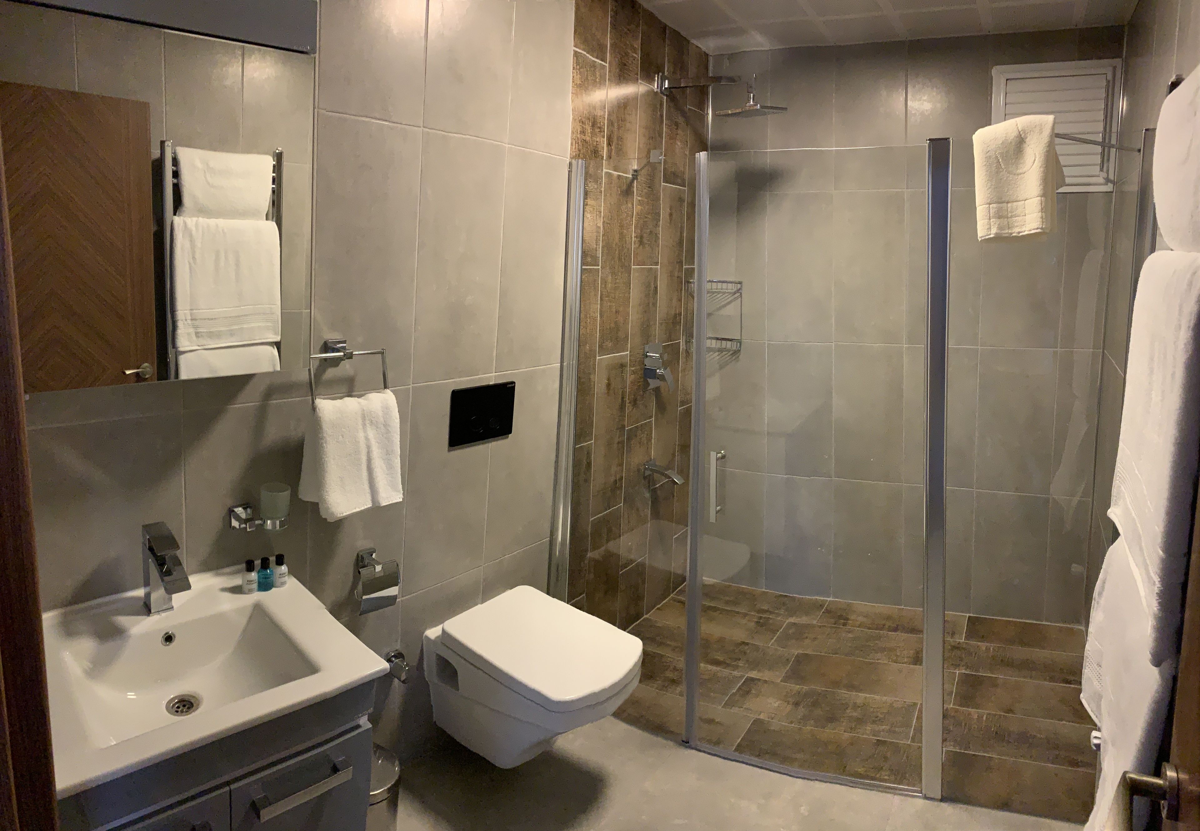 A modern bathroom with a glass-enclosed shower, a sink, and a toilet.