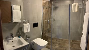 A modern bathroom with a glass-enclosed shower, a sink, and a toilet.
