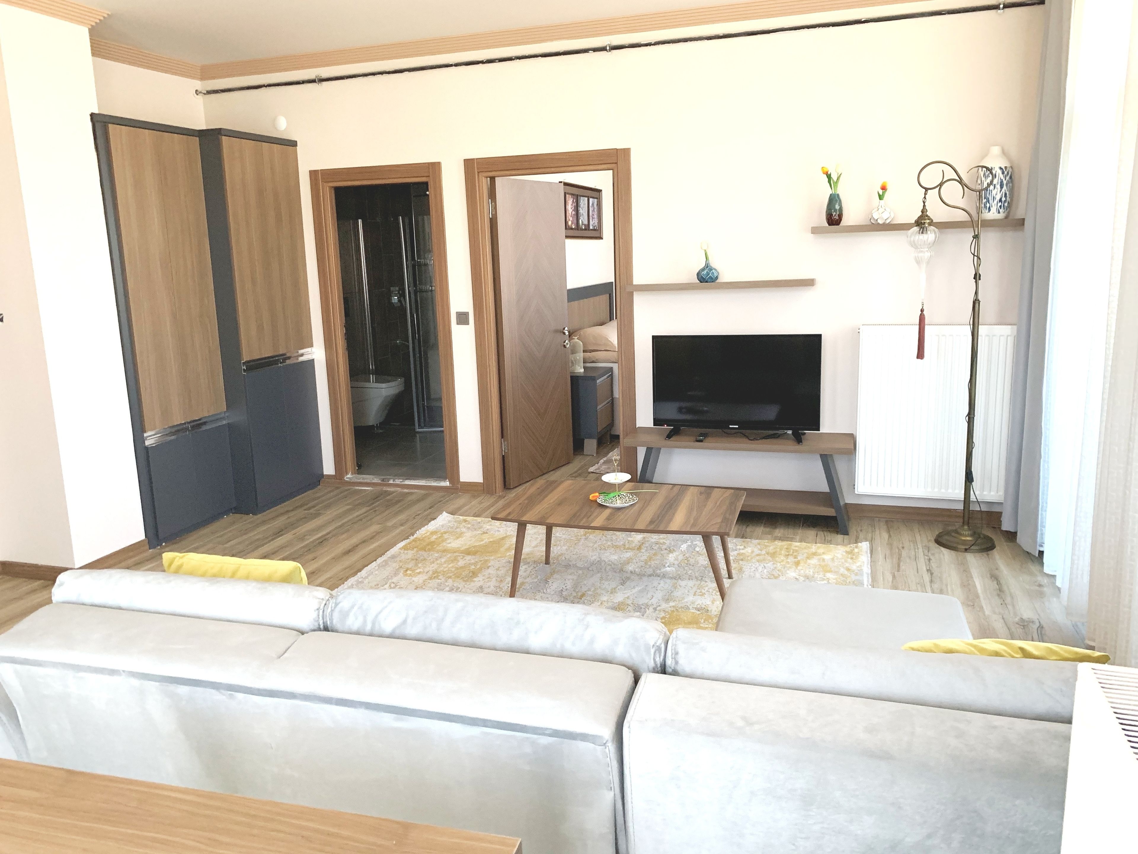 Un salon comprenant un canapé, une table basse, un téléviseur et une petite table ornée d’un objet décoratif.