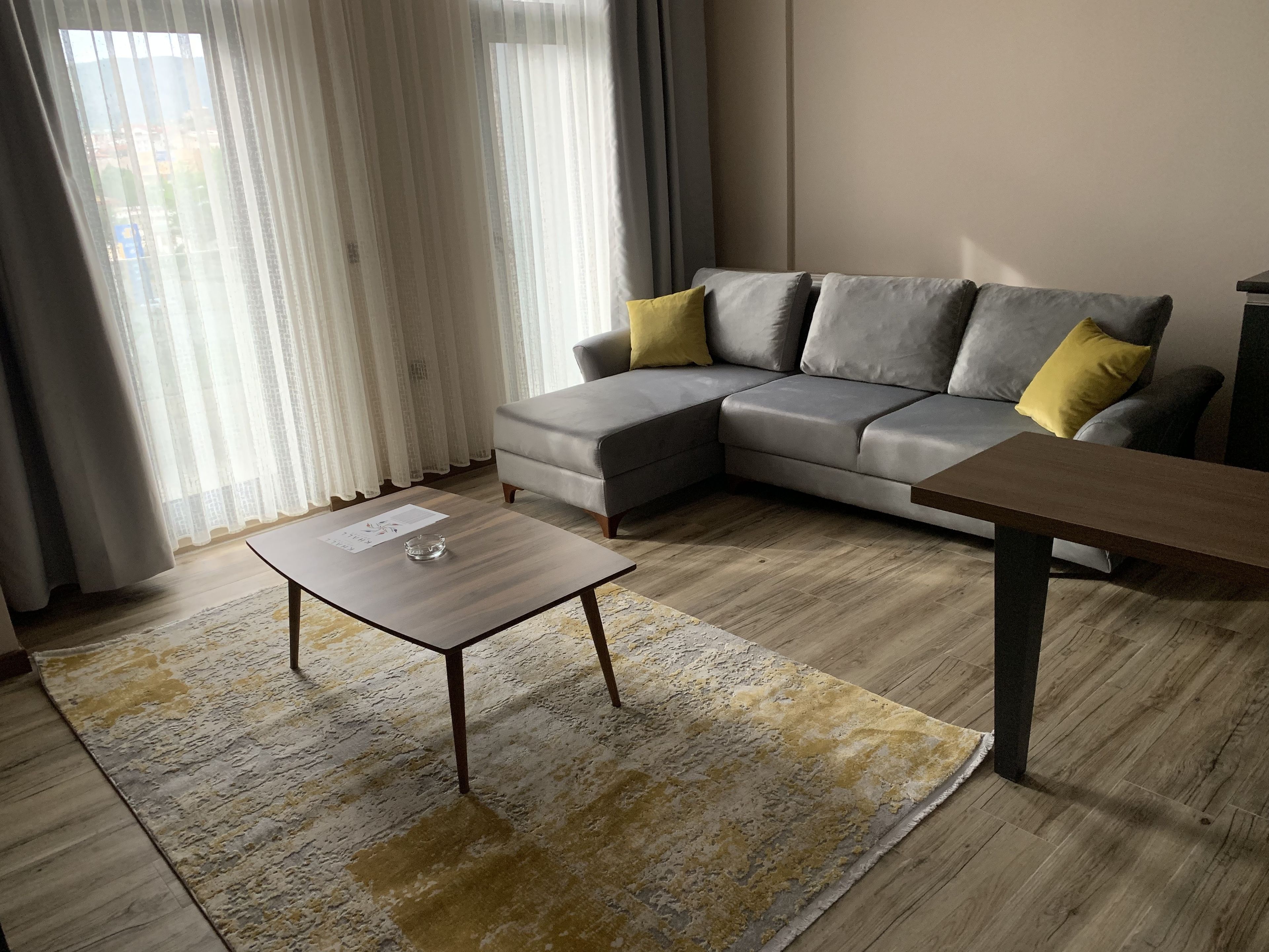 A modern living room with a grey sectional sofa, a wooden coffee table, and a patterned rug.