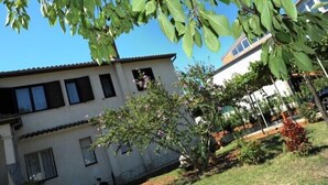 A residential building with a tiled roof, multiple windows, and a garden with various plants and a small tree with pink flowers. - House Marija (Pula)
