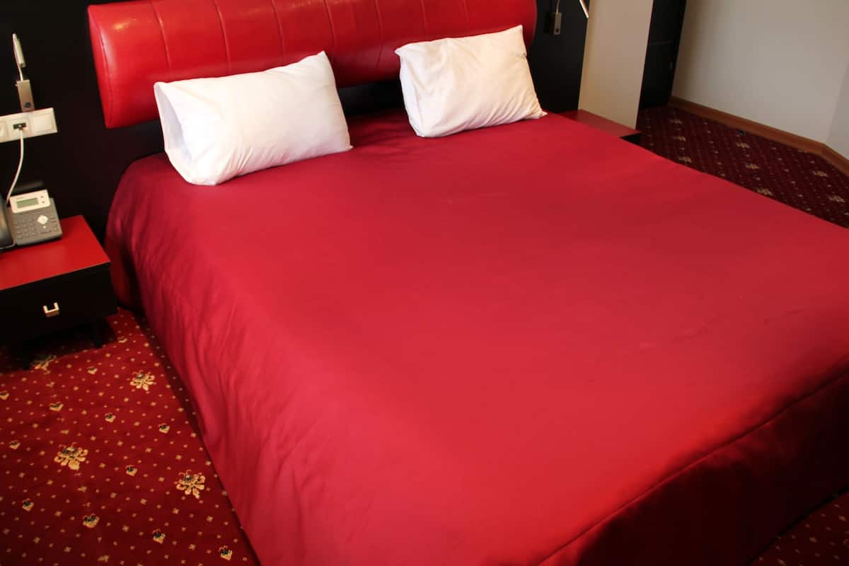A bed with a red headboard and two white pillows, a bedside table with a phone, and a patterned carpet.