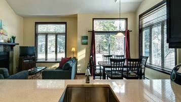 TV, fireplace, DVD player, books