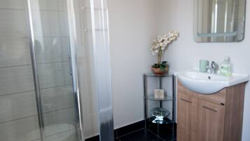 Shower, hair dryer, towels, soap