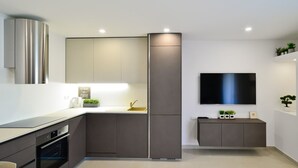 A modern kitchen with a built-in oven, a sink, and a flat-screen TV mounted on the wall. - Apartment Andrea L (Medulin)