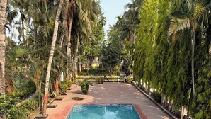 A rectangular swimming pool surrounded by palm trees and greenery, with a paved walkway and a small bridge in the background. - Palm Village Resort (Alipur)