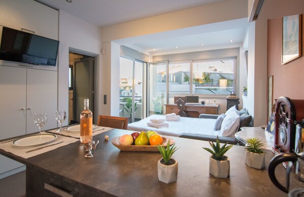 Studio | Living area | Flat-screen TV - 5th floor Boho Studio at Exarchia with Balcony (Athens)