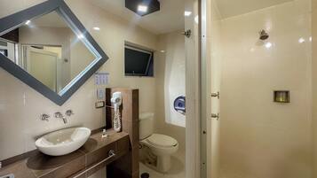 Shower, free toiletries, hair dryer, towels