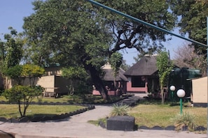 A pathway leading to a building with a thatched roof, surrounded by greenery and a small garden area. - Nalumba 2 Lodge (Mongu)