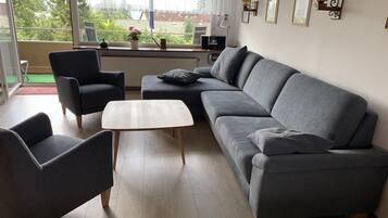 Smart-TV, Tischtennisplatte, Bücher, Stereoanlage