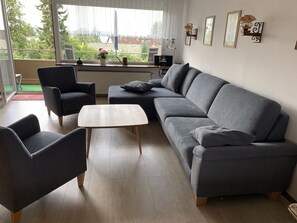 Een smart-tv, een tafeltennistafel, boeken en een stereo