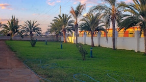 A grassy area with a stone pathway, palm trees, and a white wall with a fence. - Golden Pillow Lodge Monze (Monze)
