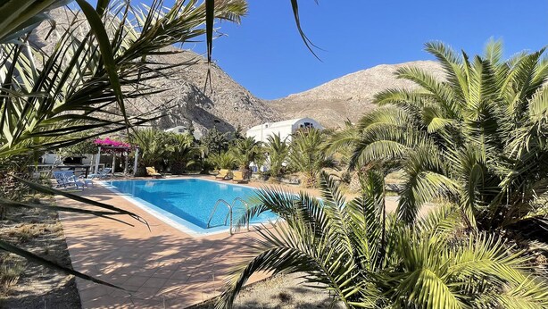 Piscina rodeada de palmeras y con una montaña al fondo.