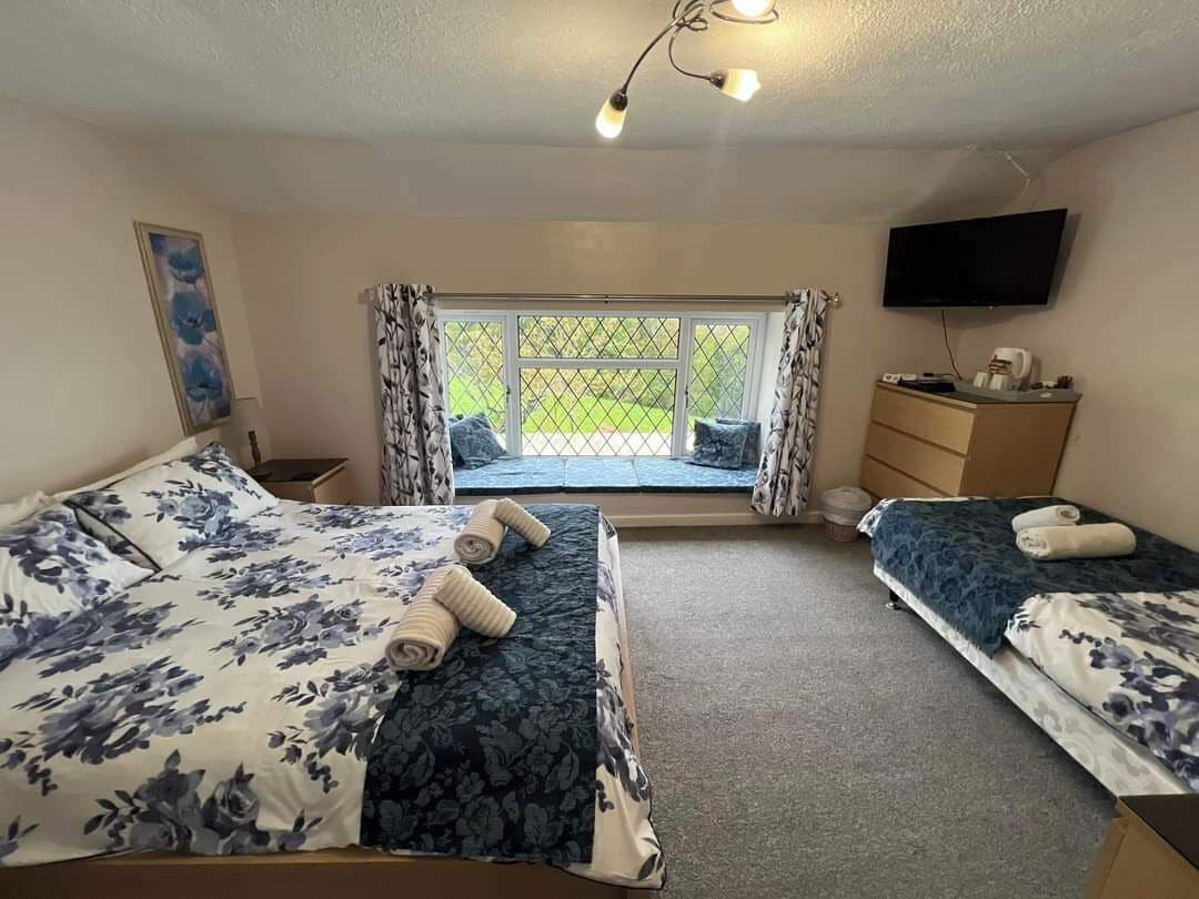 A bedroom with two beds, a TV, a desk, and a window with curtains.