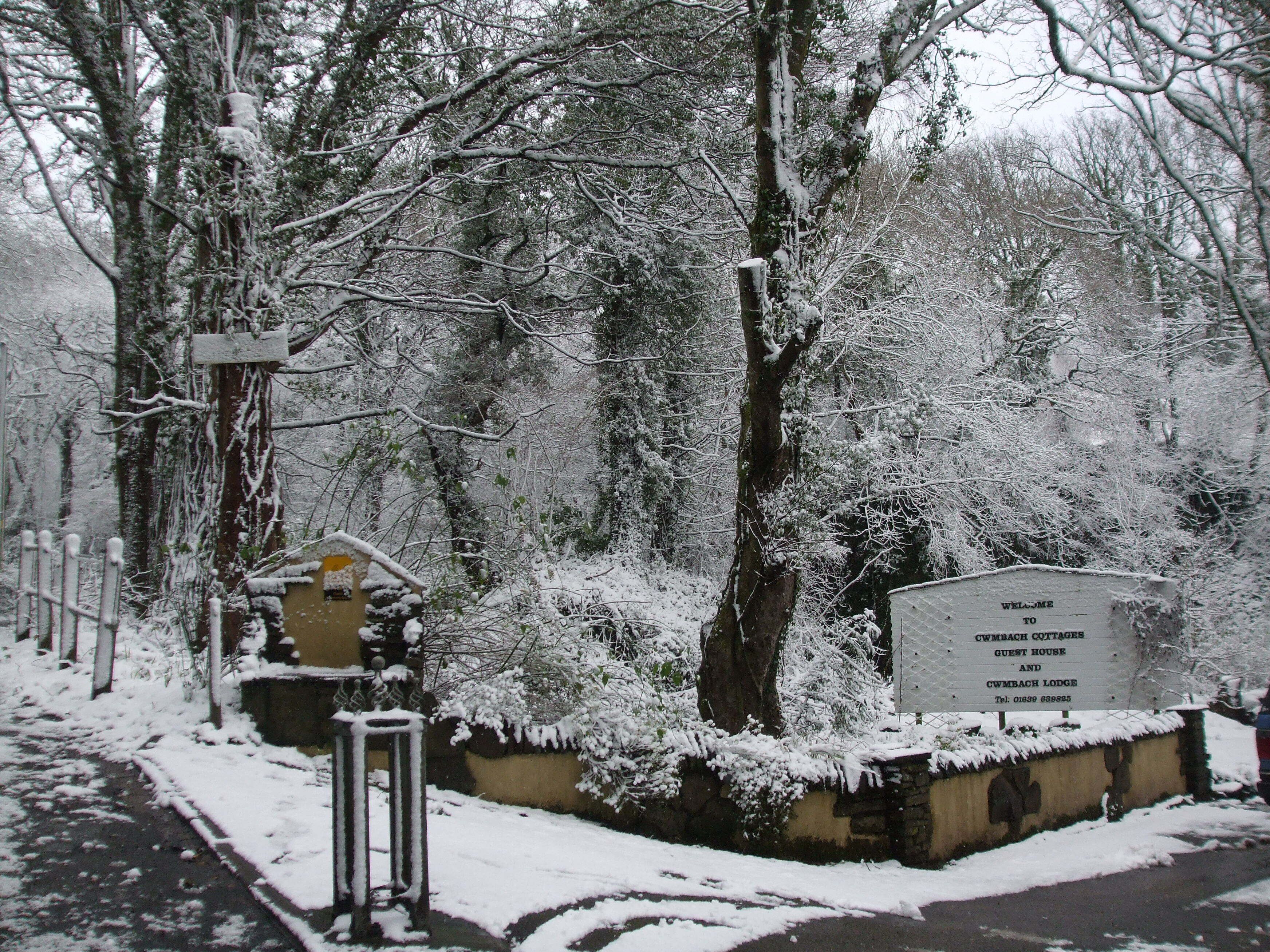 A snow-covered entrance to a property with a sign indicating 'Cwmbach Cottages Guest House and Cwmbach Lodge'.