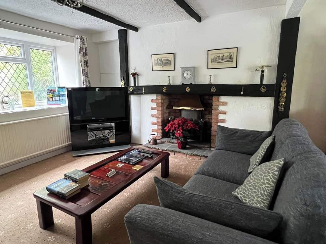 Una sala de estar con chimenea, un sofá, una mesa de centro y una televisión.
