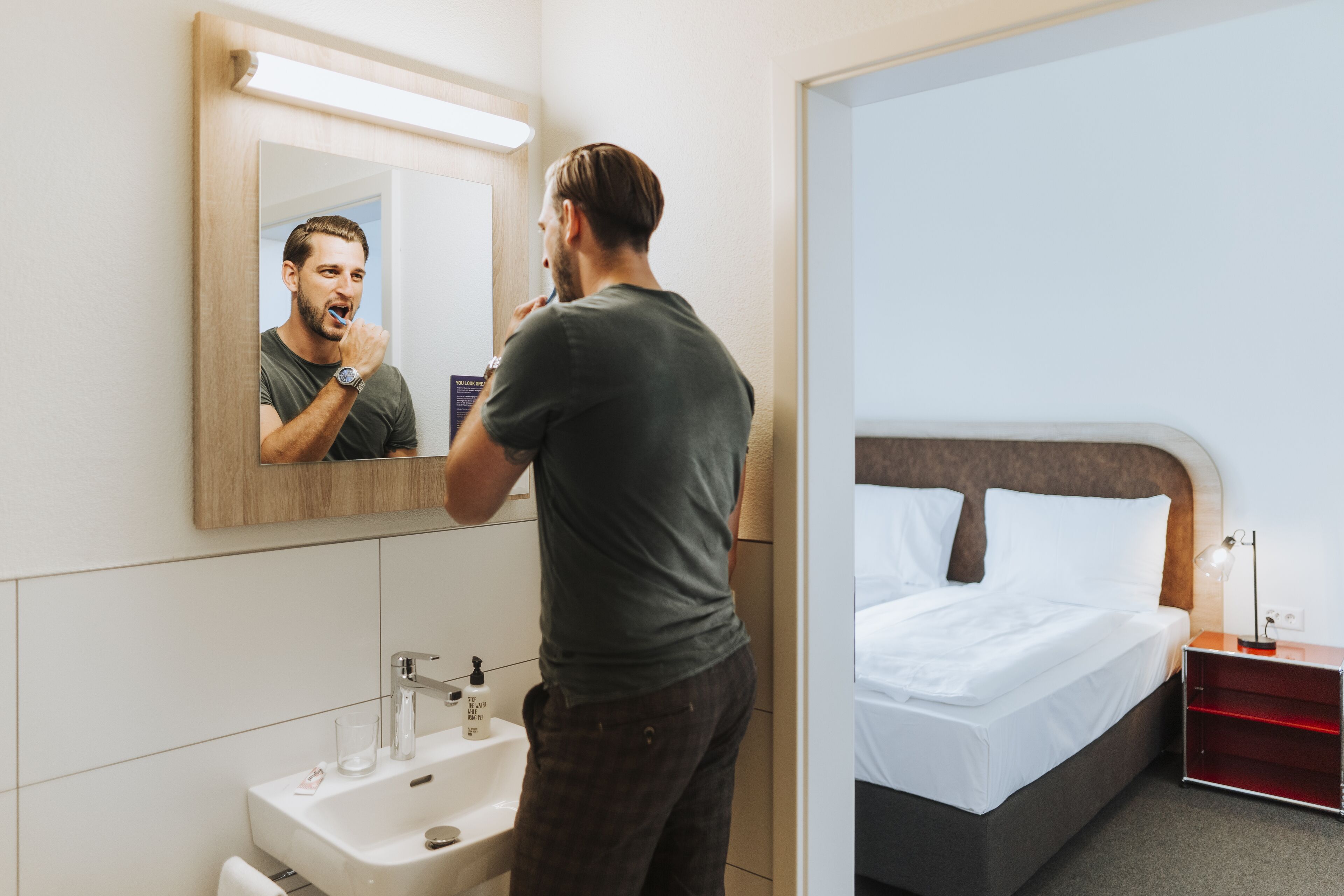 medium | bathroom | shower, hair dryer, towels