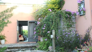 A pink building with a garden entrance, a wooden door, and a potted plant. - Gite des Acacias (Carreau Accacia)