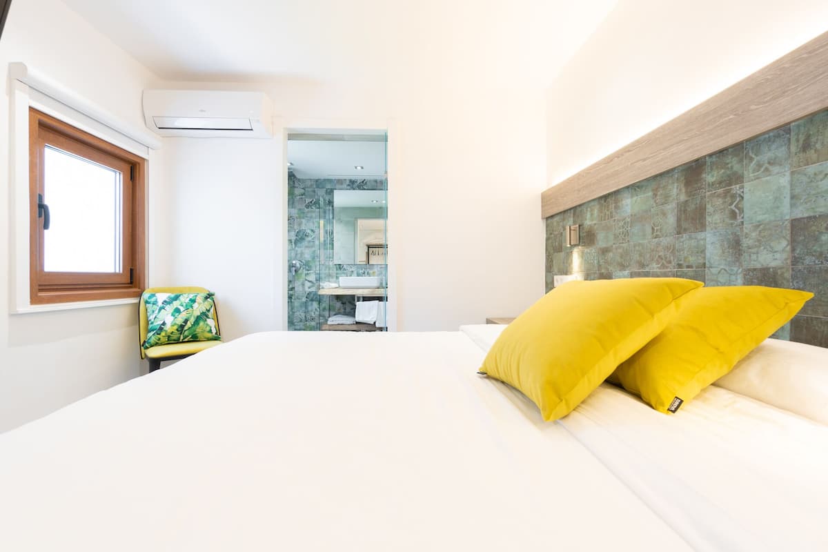Habitación de hotel con cama, ventana, unidad de aire acondicionado, baño con espejo y una silla con cojín floral.