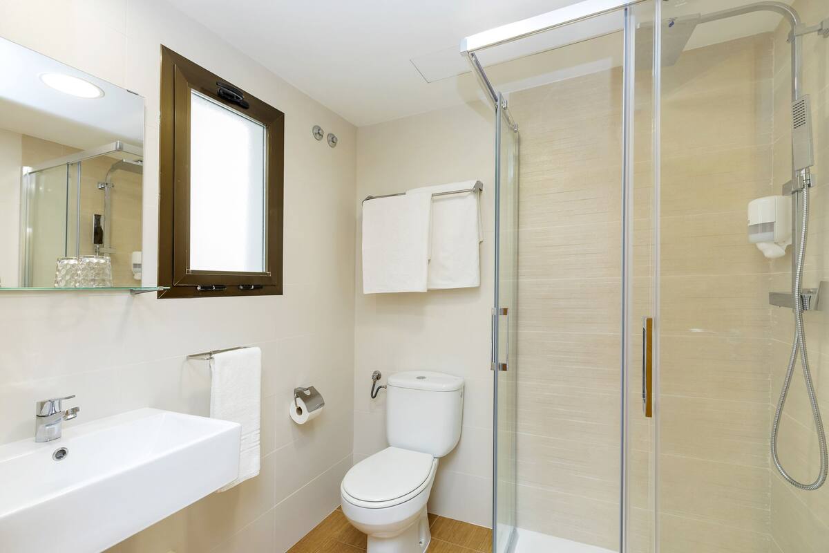 A modern bathroom with a glass-enclosed shower, a white sink, and a toilet.
