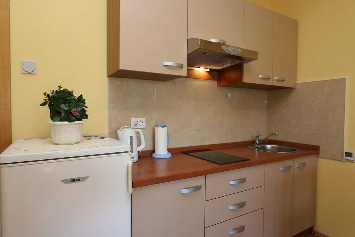 Pieni, käytännöllinen keittiö, jossa on jääkaappi, pesuallas ja työtaso.