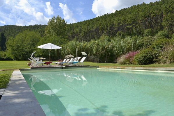 A swimming pool with lounge chairs and umbrellas, surrounded by lush greenery and a forested hillside.