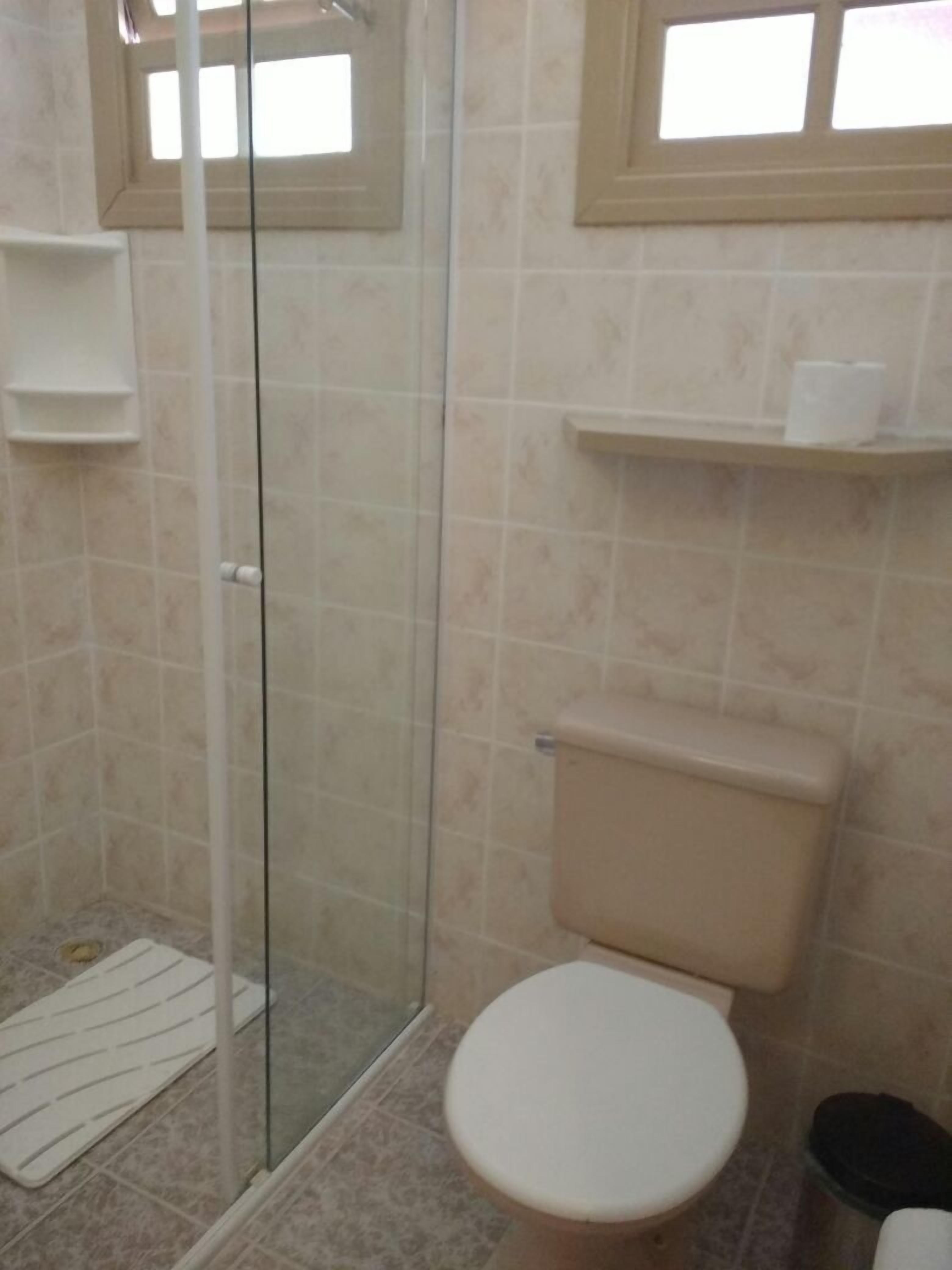 Un baño con ducha de vidrio, inodoro y repisa con artículos de aseo.
