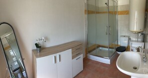 Shower, hair dryer, towels
