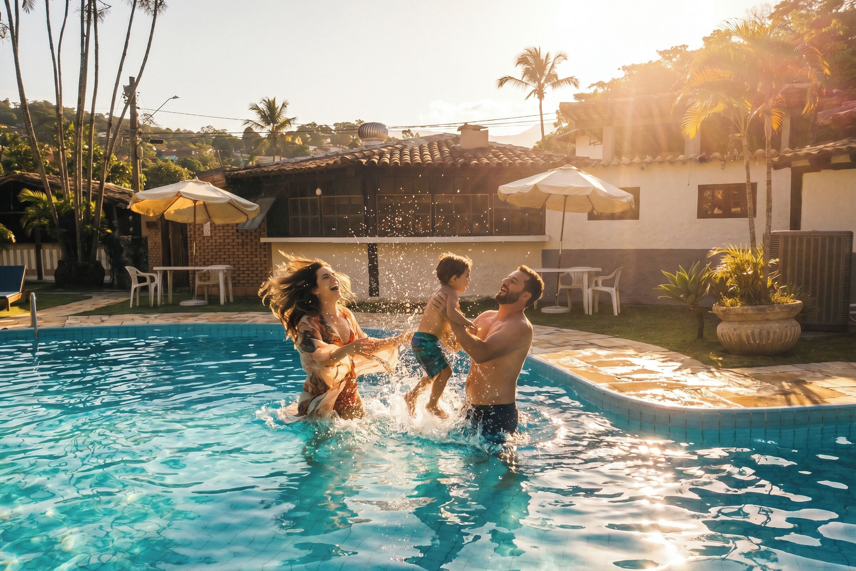 A swimming pool with people playing, surrounded by a house with a tiled roof and outdoor furniture.