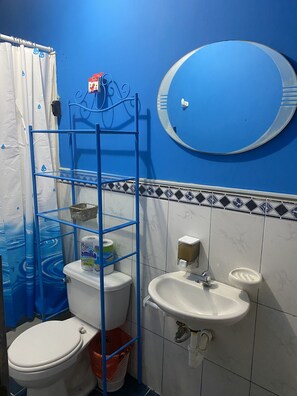 A bathroom with a blue wall, a white toilet, a sink, and a mirror. - Playa Suites Apart-Hotel (Manta)