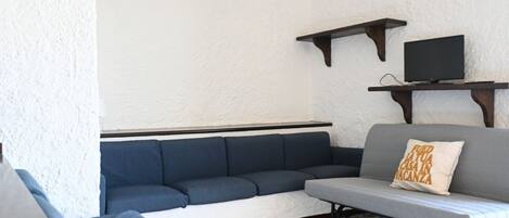 A room with a blue sofa, a grey sofa, a patterned floor, and a TV on a shelf.