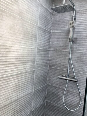 Regadera, secadora de cabello, toallas, papel de baño 