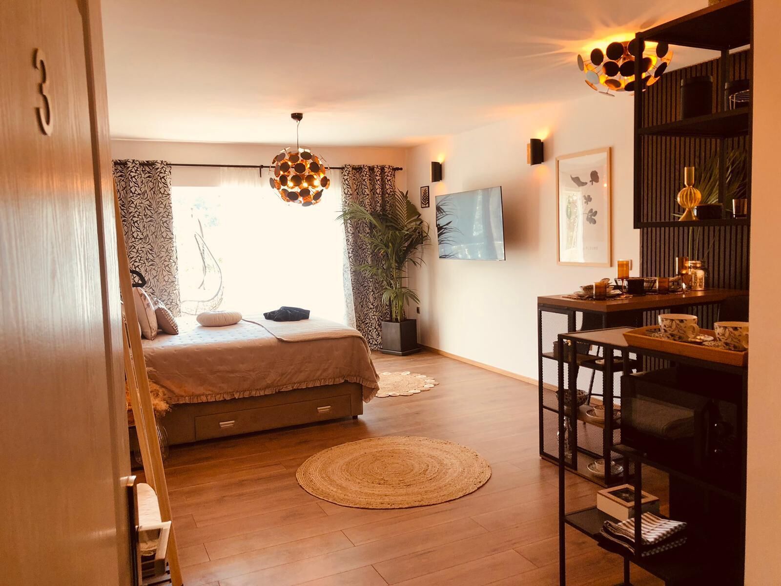A bedroom with a bed, a round woven rug, a desk with a chair, a potted plant, and a wall-mounted TV.
