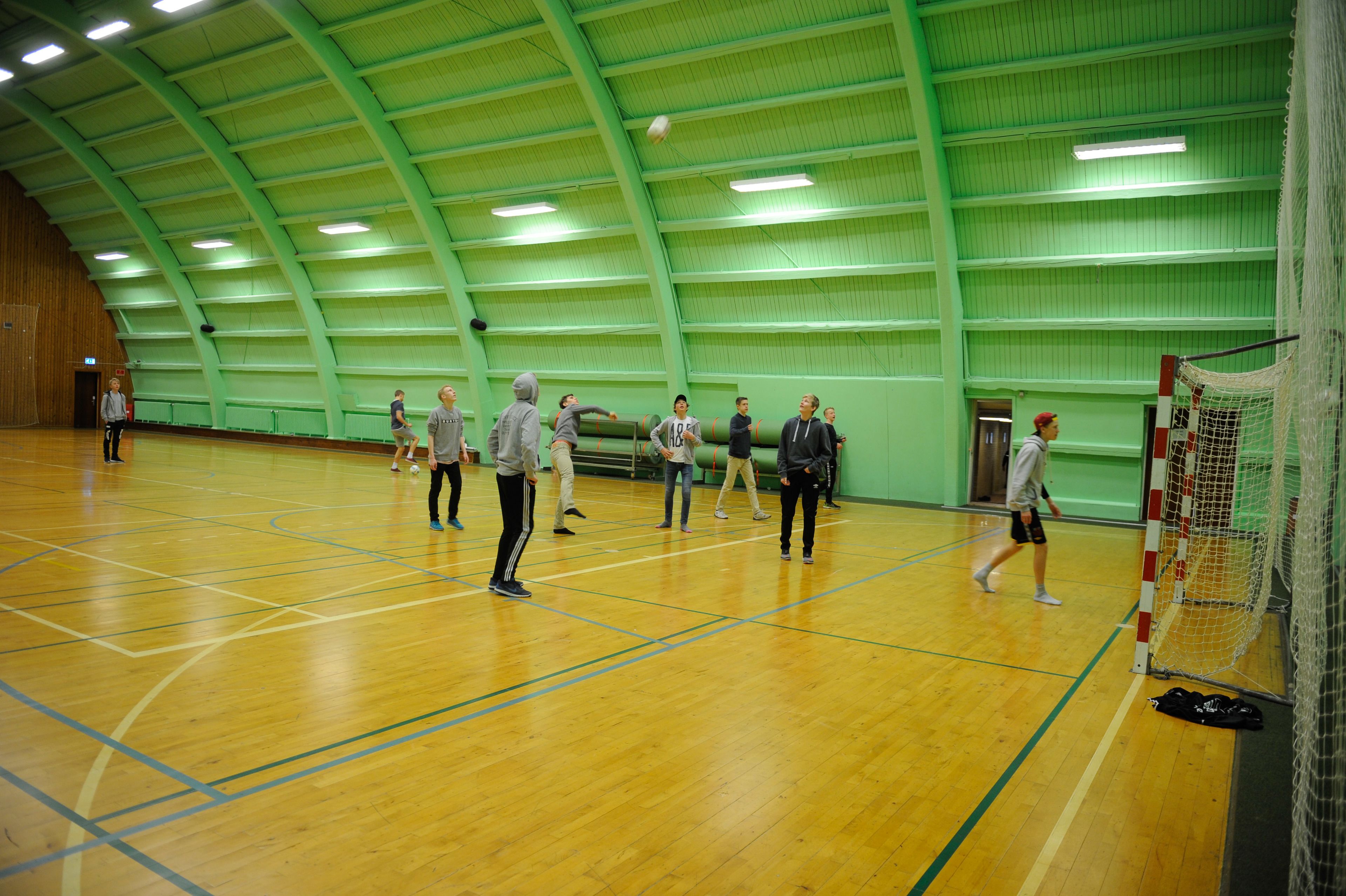 A gymnasium with a basketball court, a volleyball net, and a green ceiling.