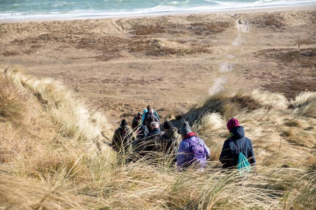 A group of people sitting on a grassy area near a beach.