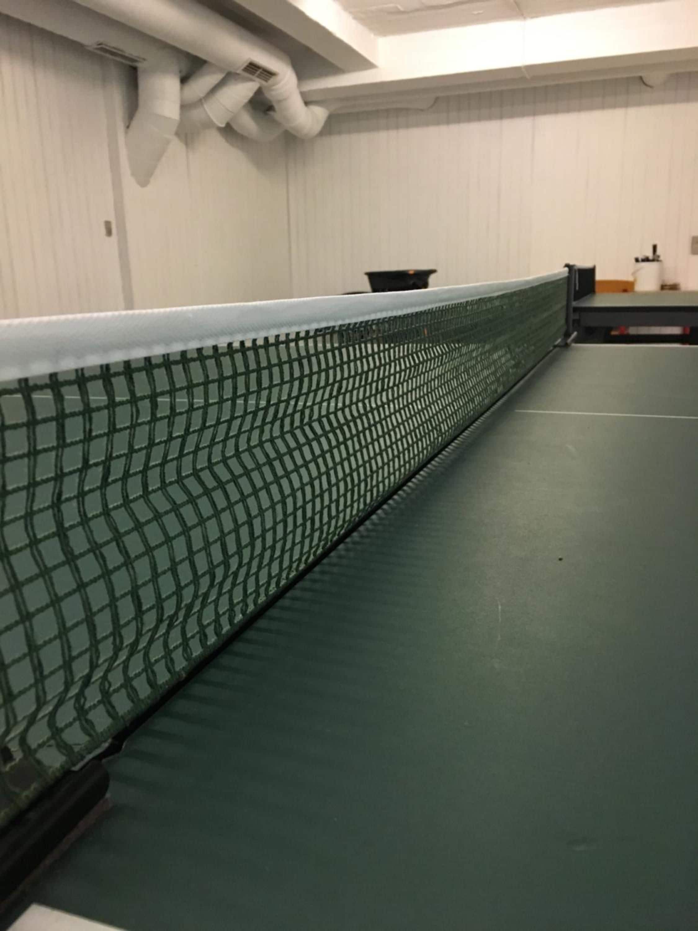 Ein Raum mit einem grünen Netz-Tischtennis-Tisch, weißen Wänden und einer weißen Decke mit Lüftungskanälen.