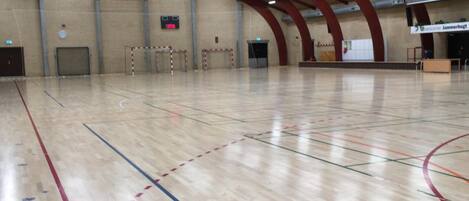 Un gimnasio interior con suelo de madera, varias canchas deportivas y un techo alto con iluminación lineal.